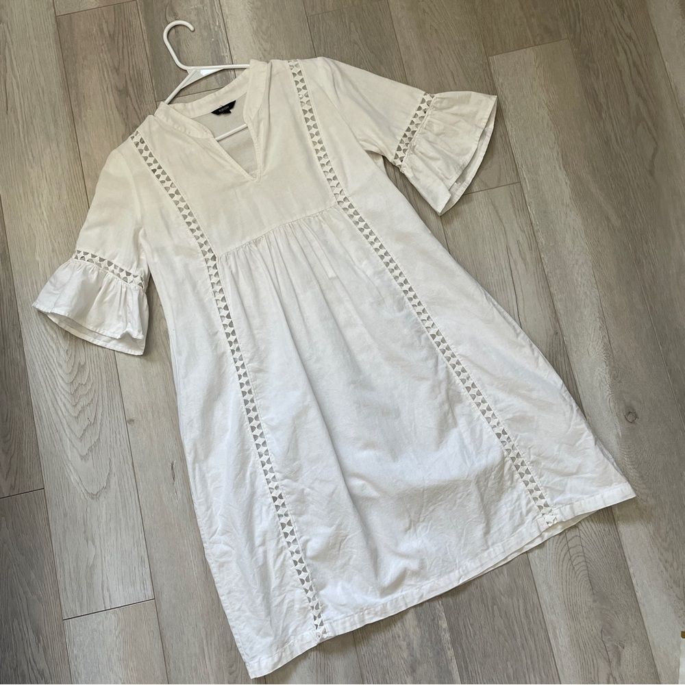 Floryday Linen Dress hollow lace mini White (small) flare sleeve minimalist